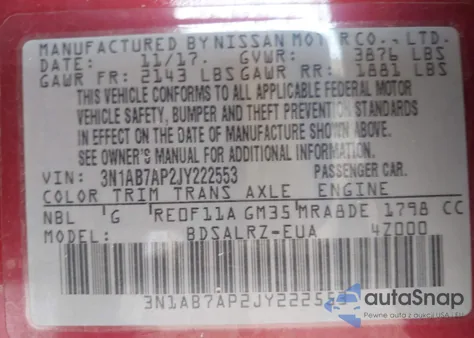 2018 Nissan Sentra Sr from USA, damaged, VIN 3N1AB7AP2JY222553